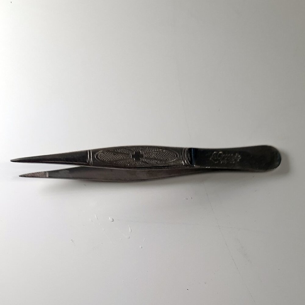 Vintage LaCross Tweezers 918-25 USA Slant Tip Steel Grooming Tool Ornate Handle